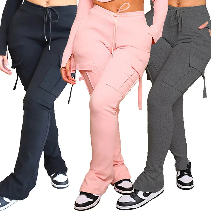 Versatile high-waisted cargo pants for women with pockets, drawstring, and wide leg design