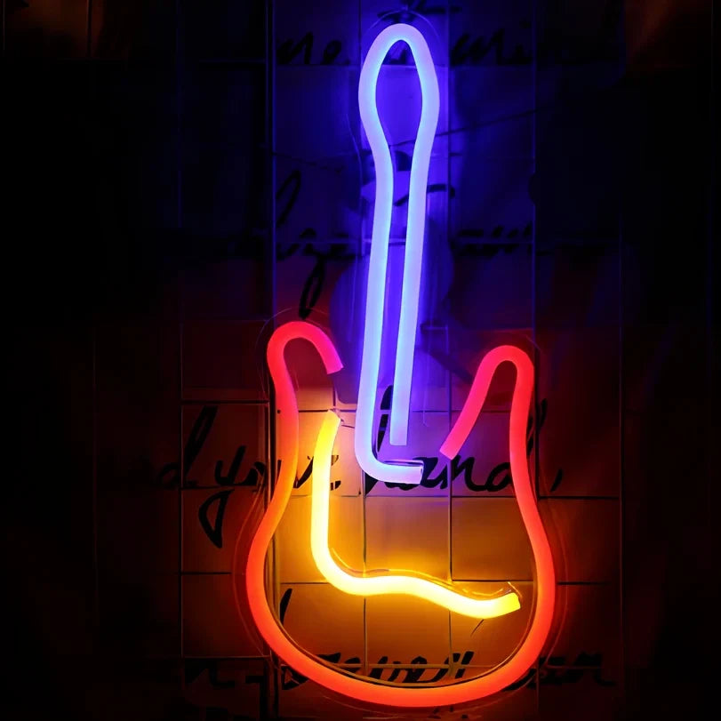 LED neon decorative light with acrylic back panel showing USB power connection and multiple design options