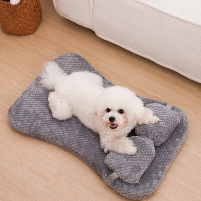 Soft plush pet bed mat with pillow in grey, khaki, or pink, sizes S to XL from 40x30x6cm to 100x60x8cm