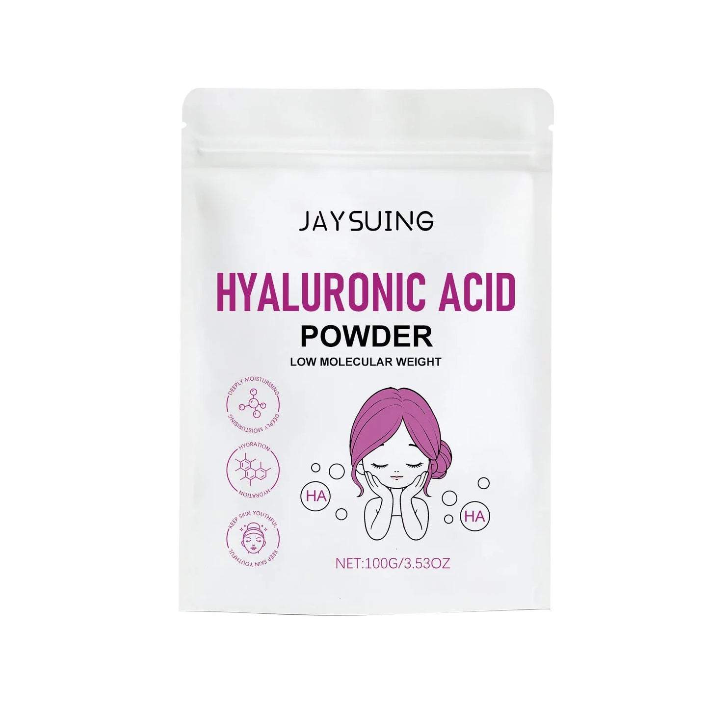 Hyaluronic acid powder in container with 100g capacity for DIY skincare formulations