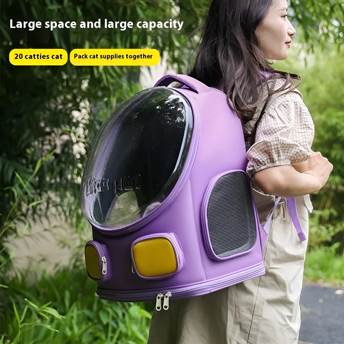 Outdoor portable cat backpack in nylon, medium hard, large capacity for cats up to 9kg, solid colour