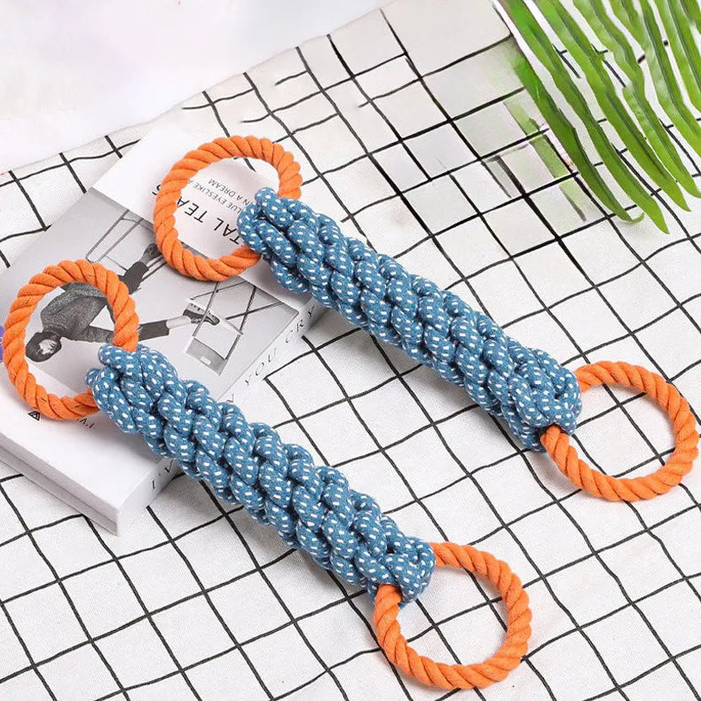 Blue braided bone-shaped cotton rope dog toy with double rings measuring 37 cm