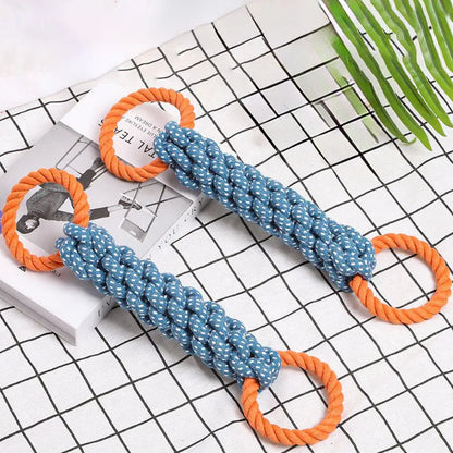 Blue braided bone-shaped cotton rope dog toy with double rings measuring 37 cm