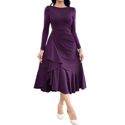 Purple women's dress with long sleeves, round neck, and ruffle detailing on a mannequin