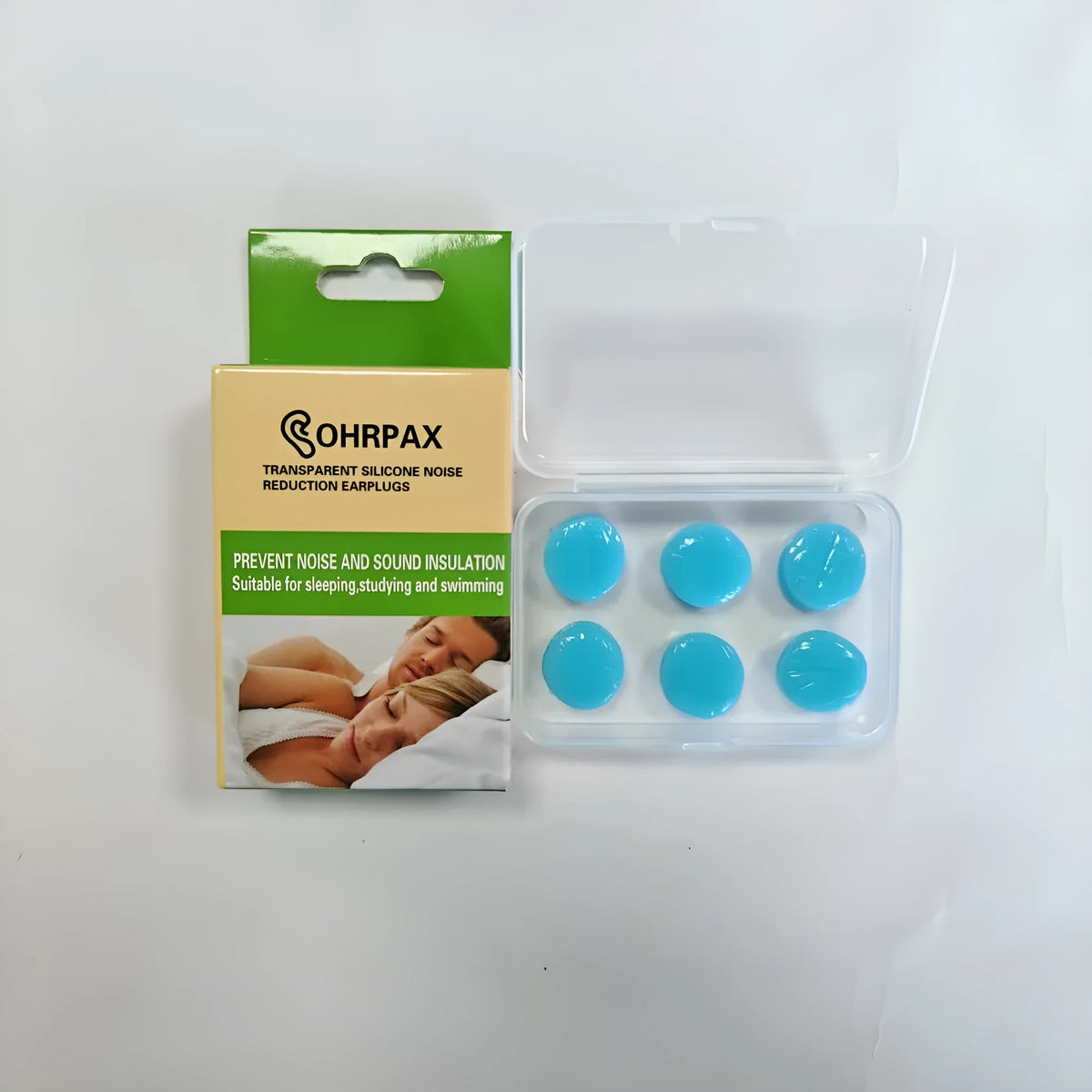 Silicone earplugs for sleeping and swimming, soft reusable ear plugs in blue, orange, pink or white, 3 pairs per box.