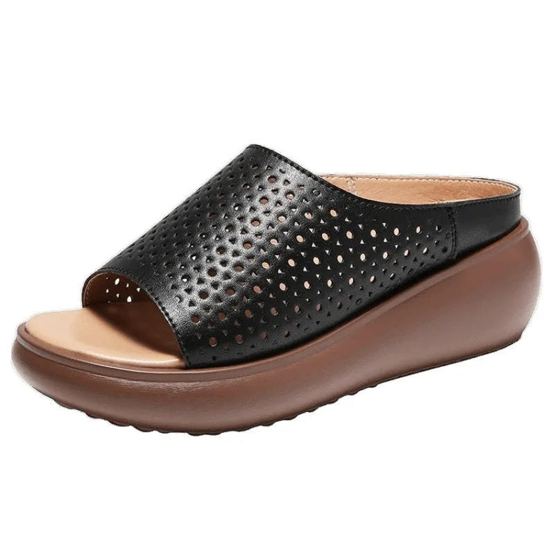Peep toe platform heel women's shoes with rocking bottom sole, PU upper, rubber sole, ethnic pattern.