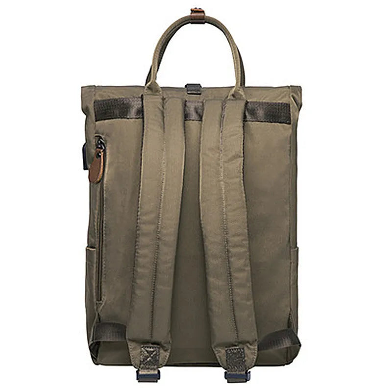 Casual polyester backpack with cover opening showing internal computer pocket and zippered compartment