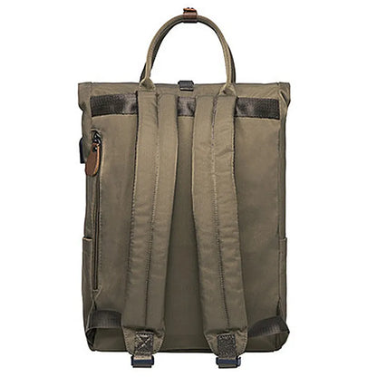 Casual polyester backpack with cover opening showing internal computer pocket and zippered compartment