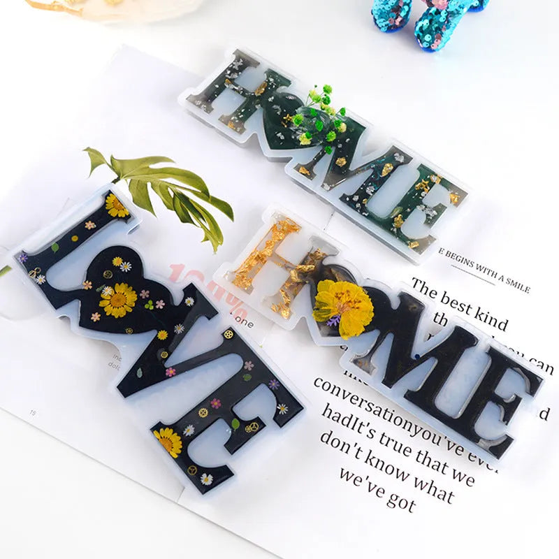 Silicone epoxy mould for DIY jewellery and resin crafts featuring English mirror letters with love words, available in styles A-F for irregular shaped letter moulds including home, family, live, hello, and blessed designs