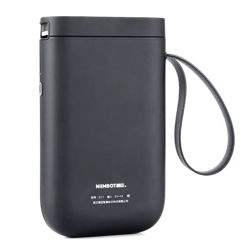D11 Bluetooth thermal label printer in black, showing compact design and smartphone app connection