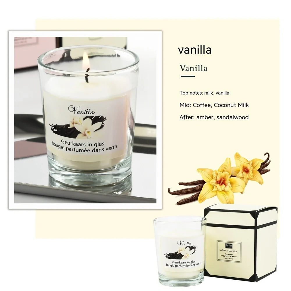 Handmade soy wax plant candle in transparent 5x6cm glass cup with romantic fragrance