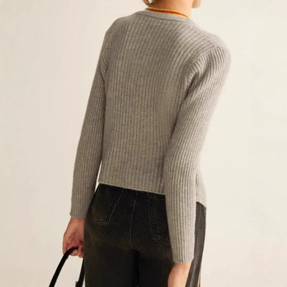 Women's silver loose fit cardigan sweater showing front and back views, Asian sizing label visible.