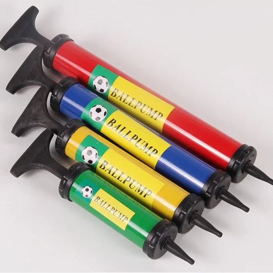 Manual plastic pump for inflating sports balls and balloons, shown in mixed colours with length options from 20-32cm