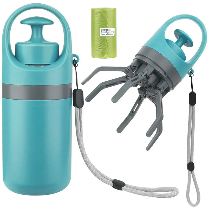 Blue portable plastic dog pooper scooper with eight-claw shovel and built-in bag dispenser