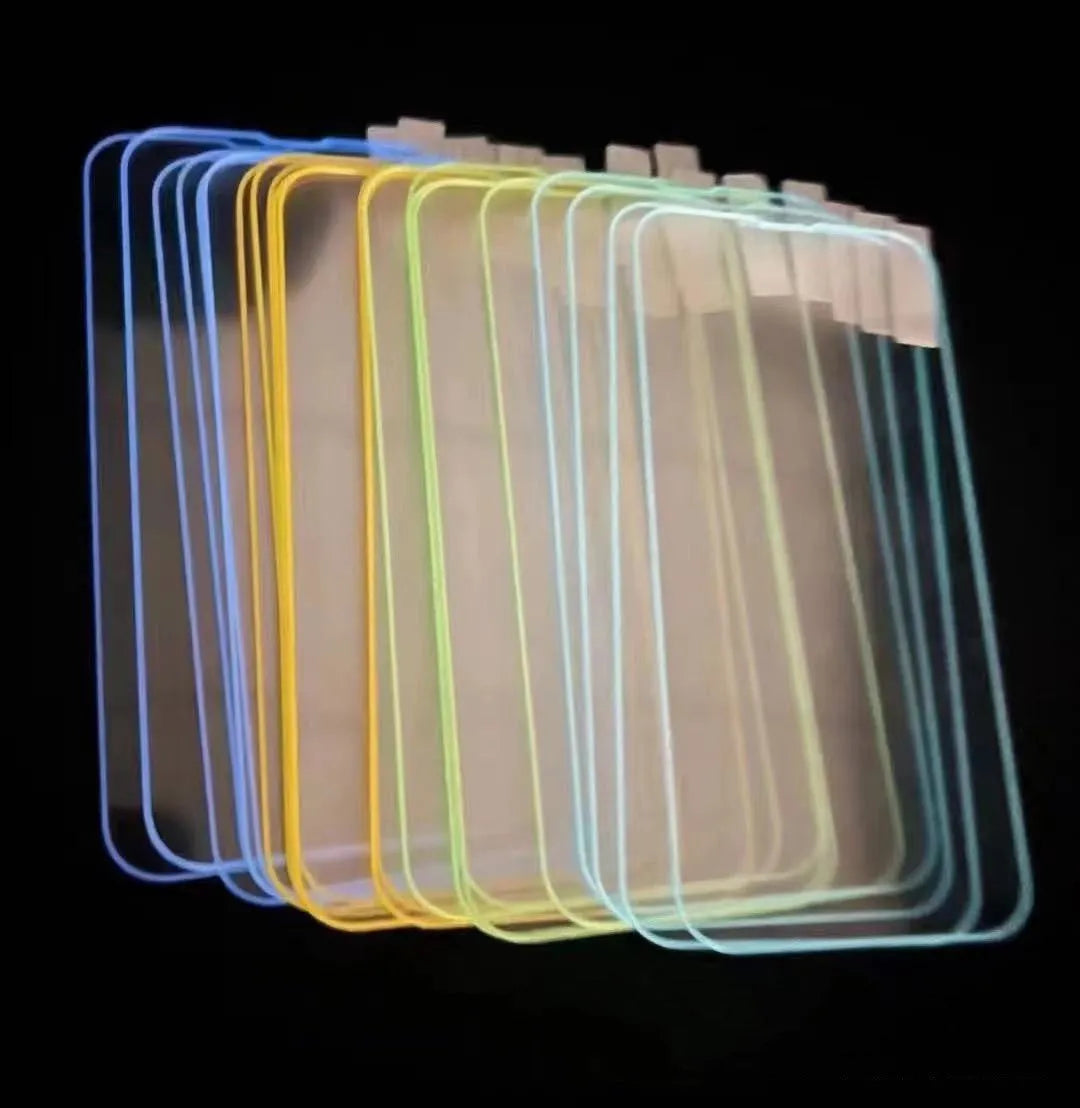 Fluorescent tempered glass screen protector glowing in blue for iPhone with full-screen coverage