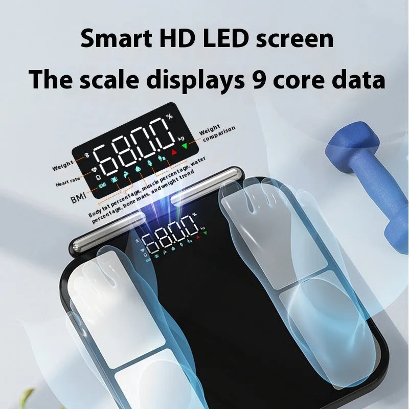 Intelligent electronic scale household weighing scale with precision body fat and moisture test, 30cm square tempered glass platform, black colour American-style simple light luxury design, battery powered touch operation
