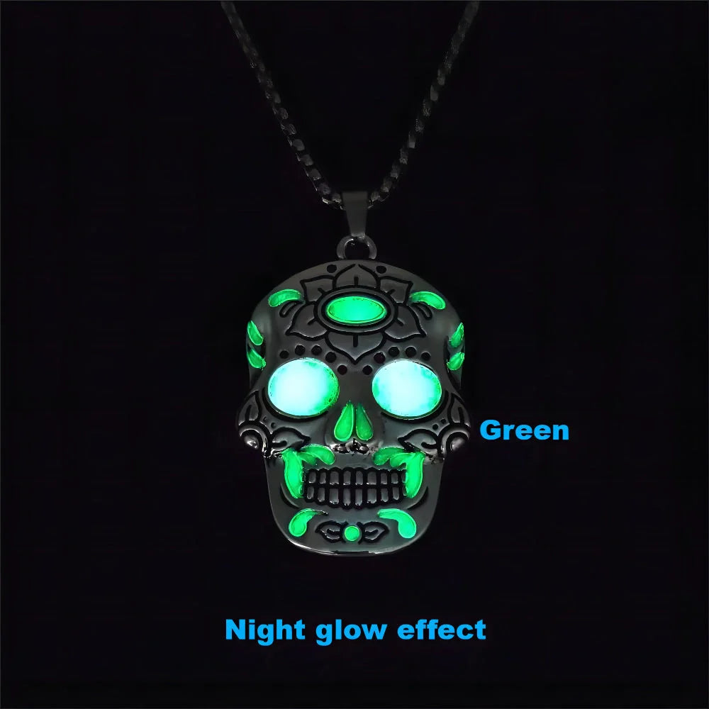Glowing Halloween skull necklace with intricate Day of the Dead lotus pattern and vibrant color options