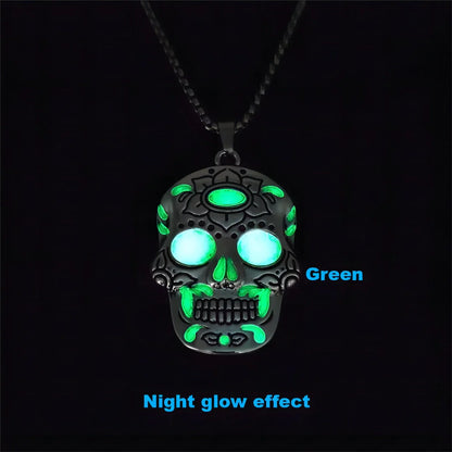 Glowing Halloween skull necklace with intricate Day of the Dead lotus pattern and vibrant color options