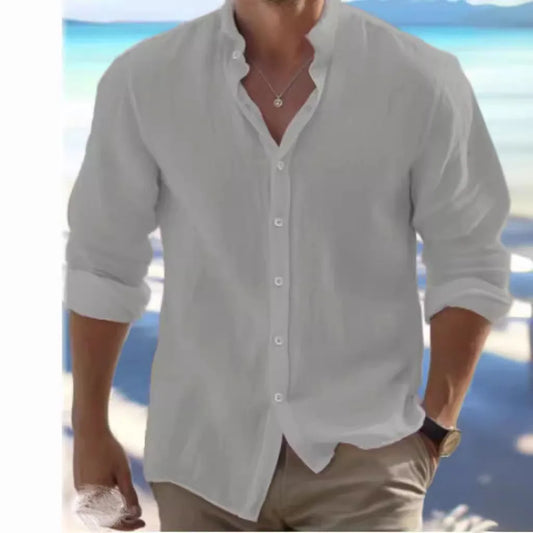 Men's white long-staple cotton pullover shirt with collage stitching detail, sizes S to 5XL