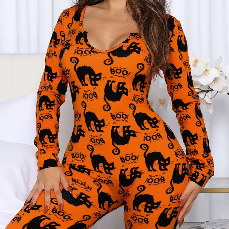 Spooktacular Halloween jumpsuit with unique printed design and relaxed, comfortable fit