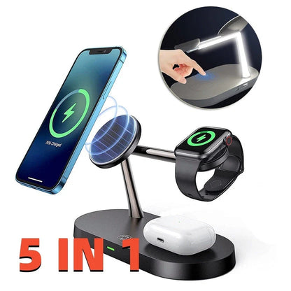 Premium 5-in-1 wireless charging station with magnetic device holder and adjustable night light