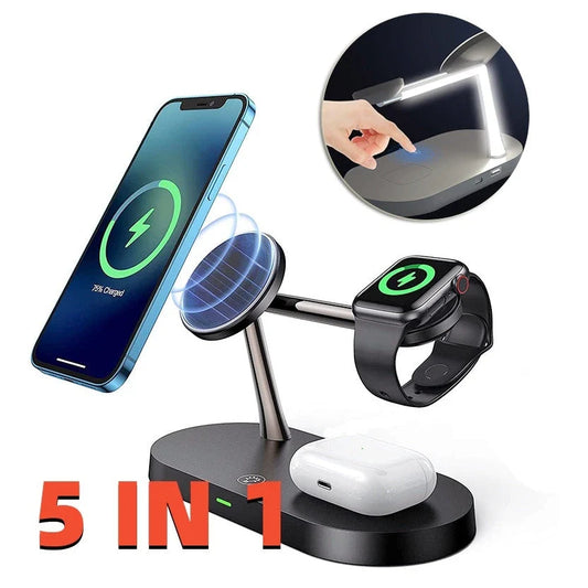 Premium 5-in-1 wireless charging station with magnetic device holder and adjustable night light