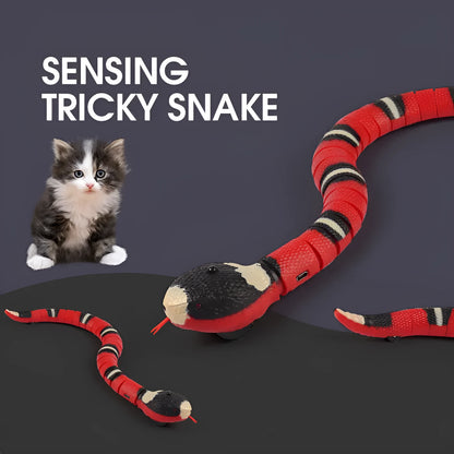 Smart sensing electronic snake cat toy with segmented body for realistic slithering motion on floor.