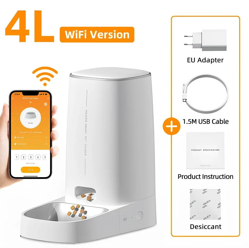 ROJECO white automatic pet feeder with stainless steel bowl and digital control panel
