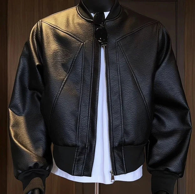 Men's black PU leather jacket with 100cm extended length in light business style