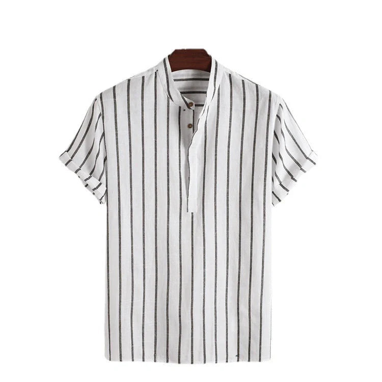Men's striped short sleeve cotton shirt in white, red, gray, and blue