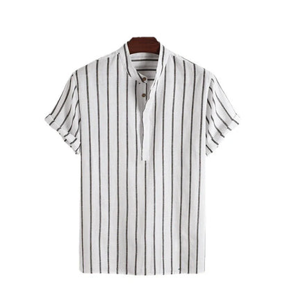 Men's striped short sleeve cotton shirt in white, red, gray, and blue