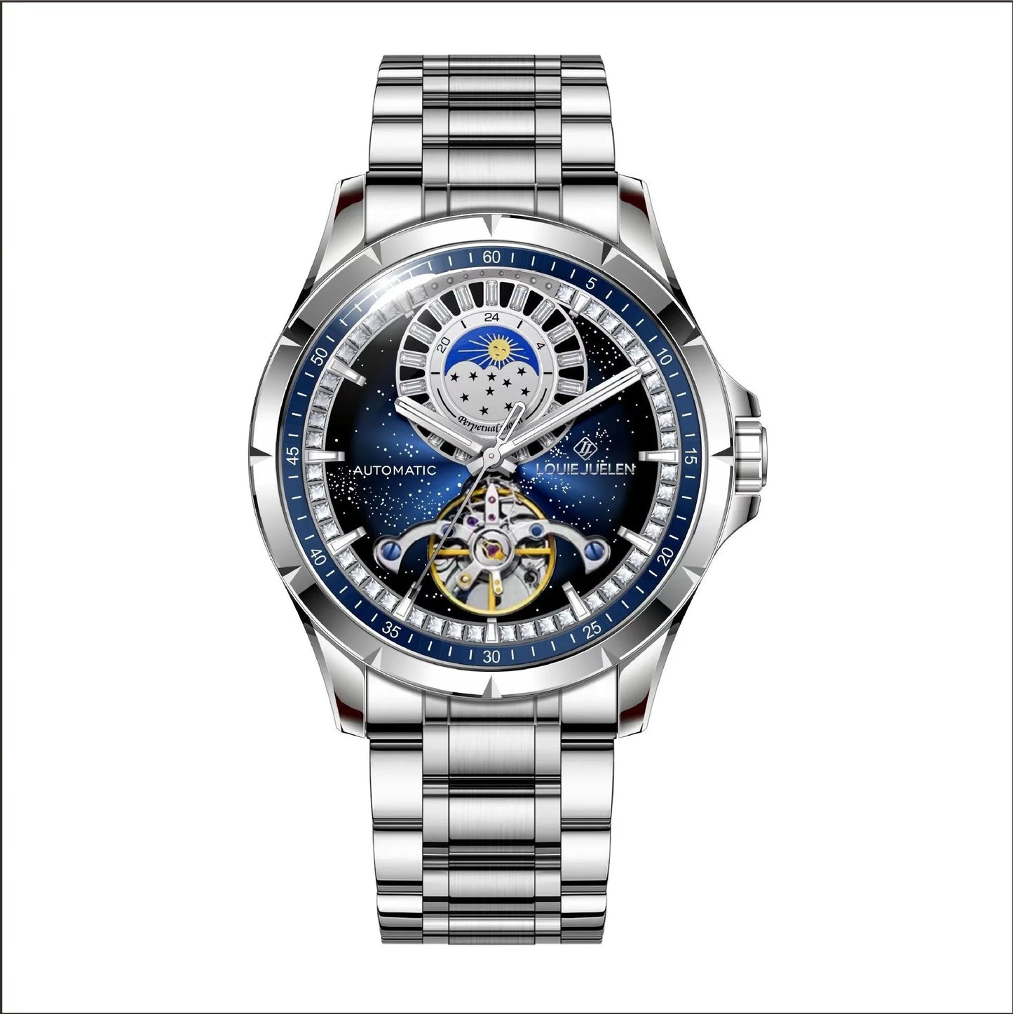 Men's silver alloy automatic watch with blue dial and stainless steel strap on wrist