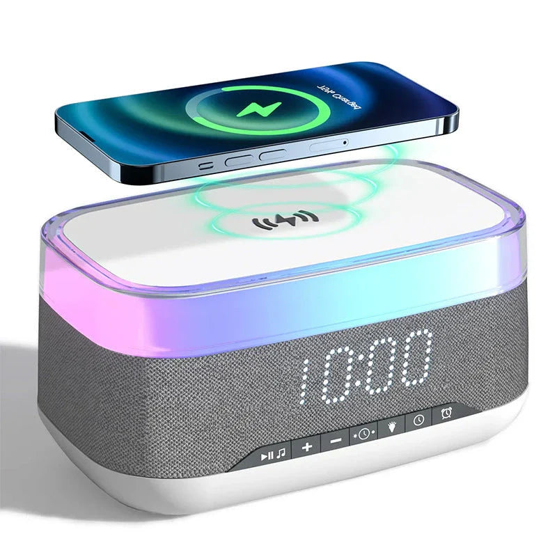 Intelligent Multifunctional Alarm Clock with Bluetooth Speaker, Wireless Charger, and Atmosphere Light