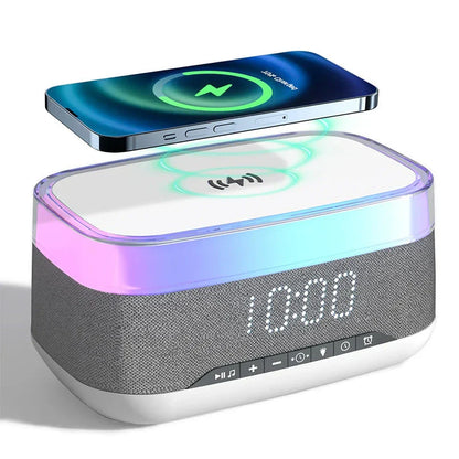 Intelligent Multifunctional Alarm Clock with Bluetooth Speaker, Wireless Charger, and Atmosphere Light