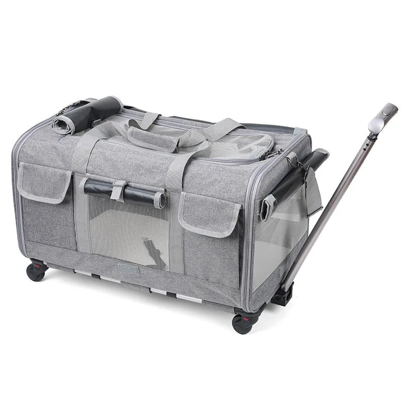 Foldable Oxford fabric pet trolley bag, 17.50kg load rating, shown in solid beige, blue, dark grey, grey and pink