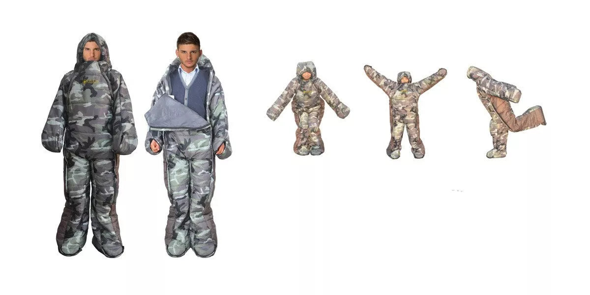 Human Walking Camping Outdoor Sleeping Bag in camouflage and blue-grey colors