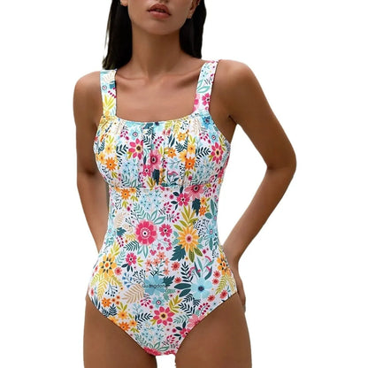 Women's black and colourful floral print one-piece swimsuit with full coverage