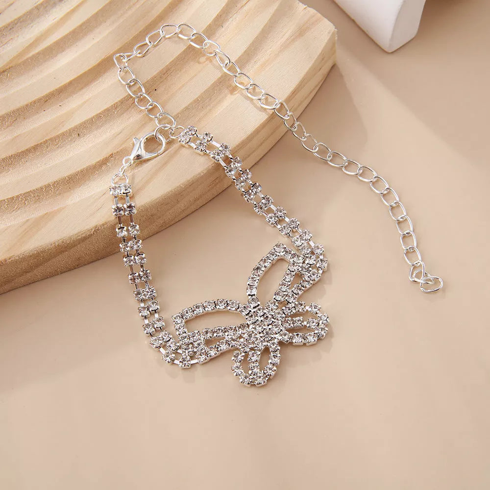 Gold and silver full diamond butterfly rhinestone anklet with adjustable length