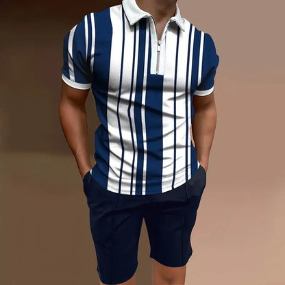 Men's casual printed two-piece set with short sleeve top and matching shorts