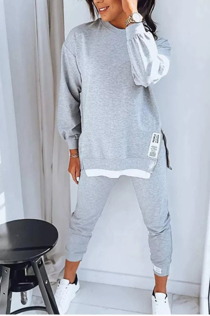 Women's slit design sweatshirt and slim-fit trousers set in various colors