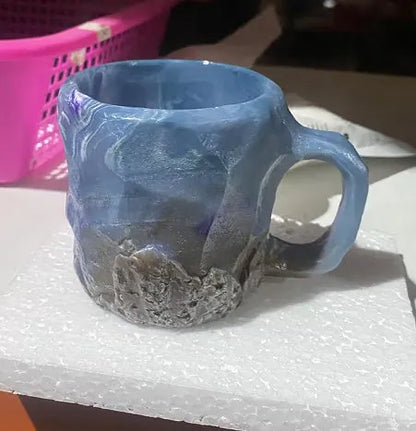 400ml resin mineral crystal coffee mug with handle in assorted colours including purple, blue, and pink.