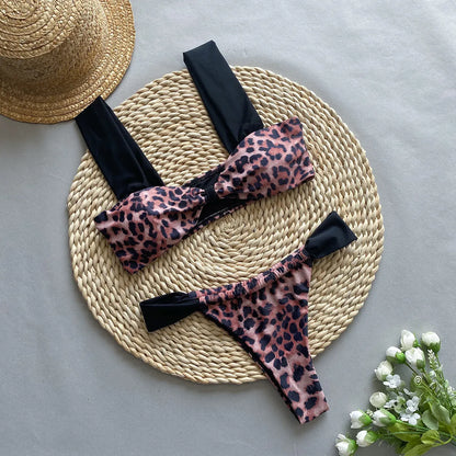 Women's leopard print bikini set with tube top design and matching T-pants