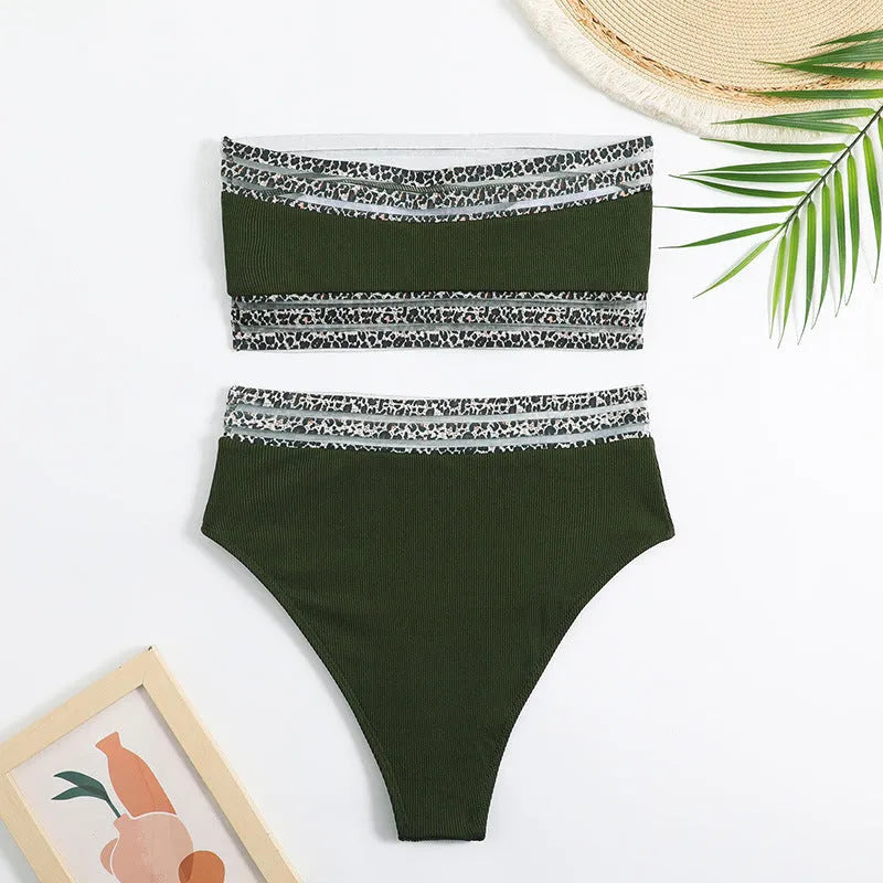 Black leopard print strapless swimsuit set with matching top and shorts