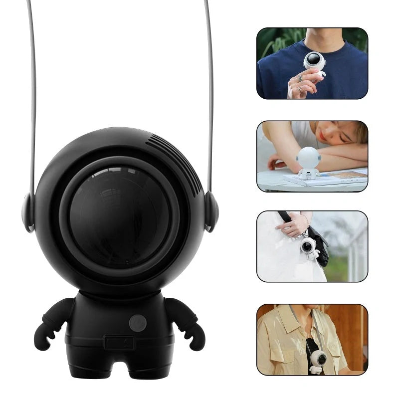 USB rechargeable personal neck fan in black, white, and pink with 3 speed settings