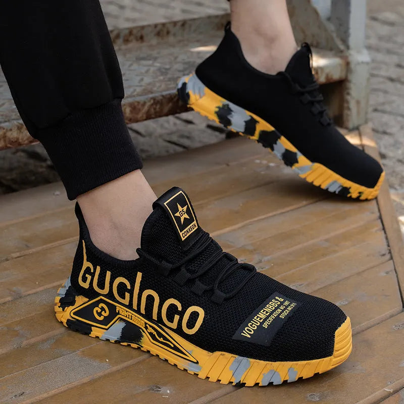 Steel toe work shoes for men with fly woven mesh upper and rubber sole, puncture proof, available in six colours