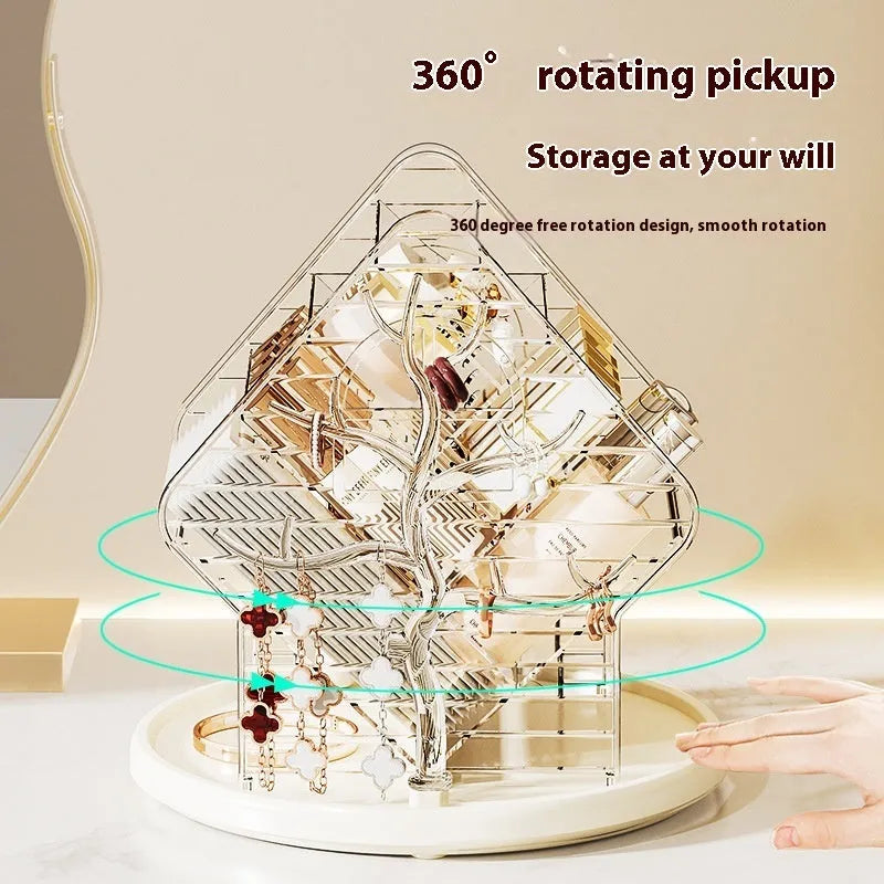 Rotating cosmetics storage box with 360° rotation in clear or amber gold plastic, odour-free construction