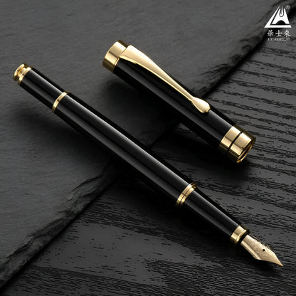 Metal fountain pen showing multiple colour options with gold and silver clips for calligraphy practice