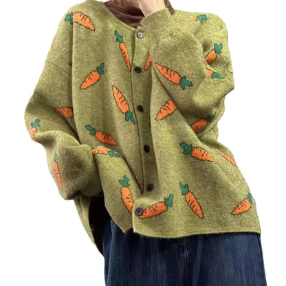 Round neck Mori artistic printing cardigan with colour contrast patterns, loose casual fit in free size