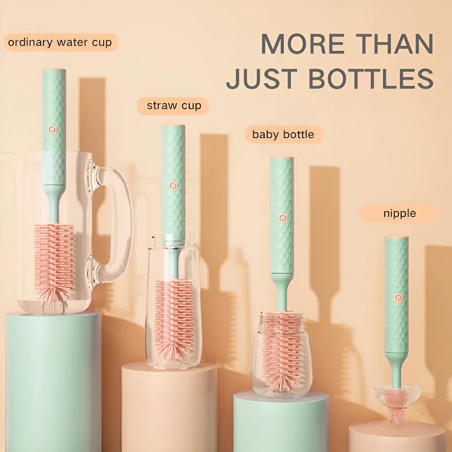 Electric baby bottle cleaning brush with rotating silicone head in pink or green colours