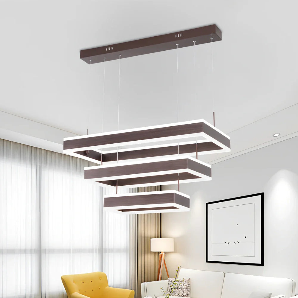 Brown aluminium fish pendant ceiling light with remote control and multiple circle sizes